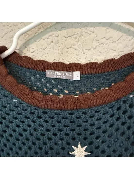 Earthbound Trading Celestial Open Knit Sweater Green Large Hippie Boho Cropped - Picture 6 of 6